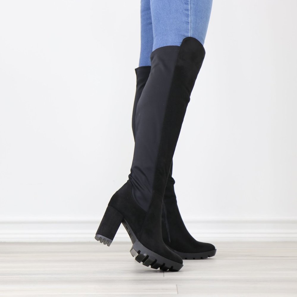 Black Faux Suede Round Toe Thigh High Over The Knee Lug Block Heel Boots - Picture 4 of 14
